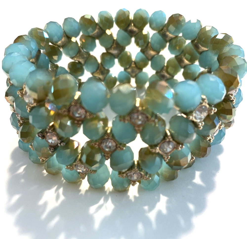 Beaded Stretch Bracelet Thick Aqua Blue Green Faceted beads & white rhinestones